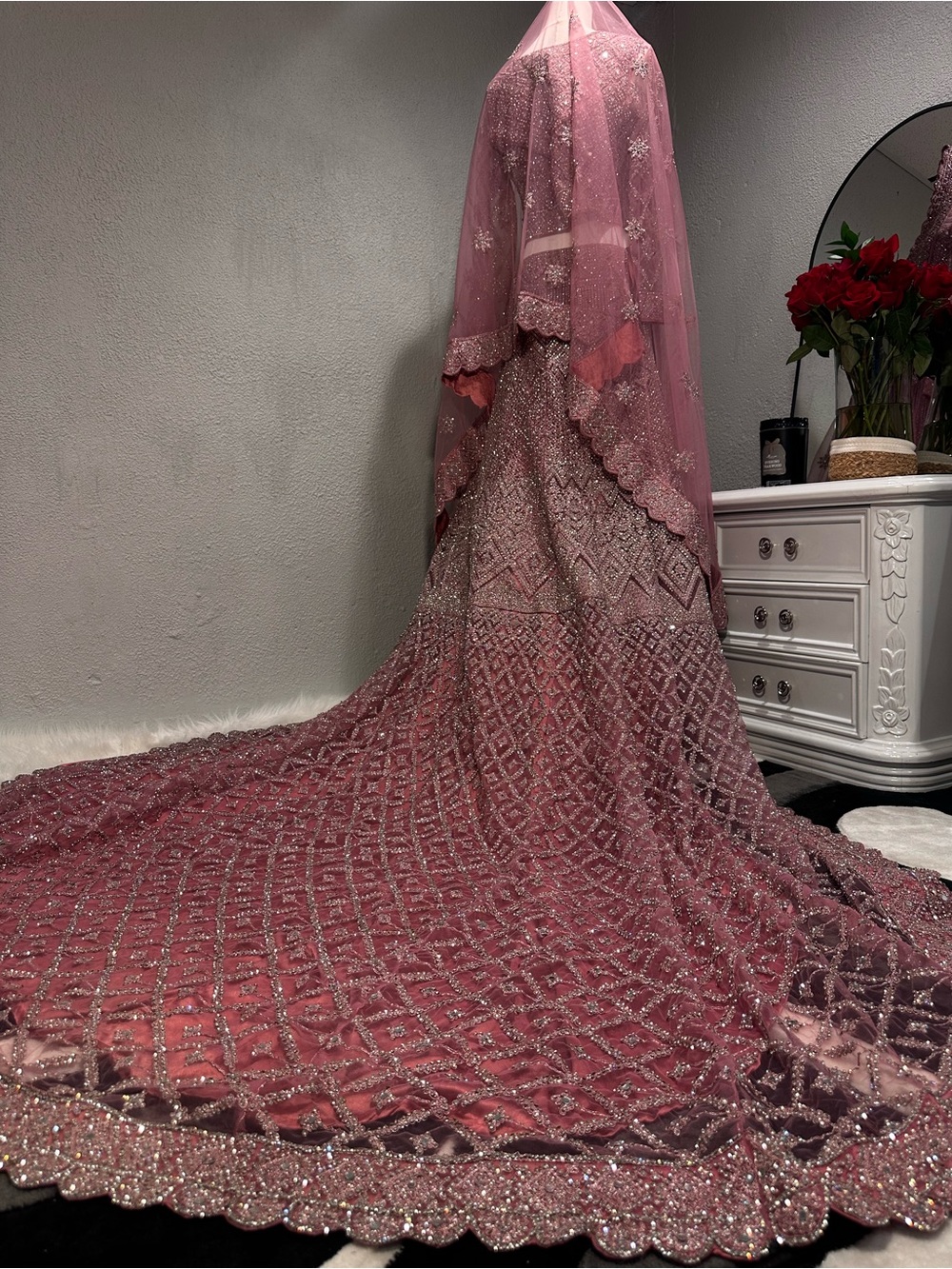 Embellished Dusty Rose Bridal Lehenga with Long Scalloped Train